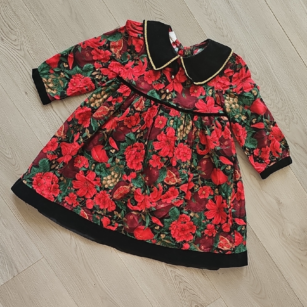 Girls' Red Floral Peter Pan Collar Dress